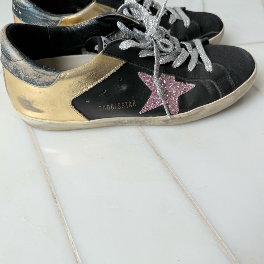 Golden Goose Black Sneakers with Gold and Pink Star